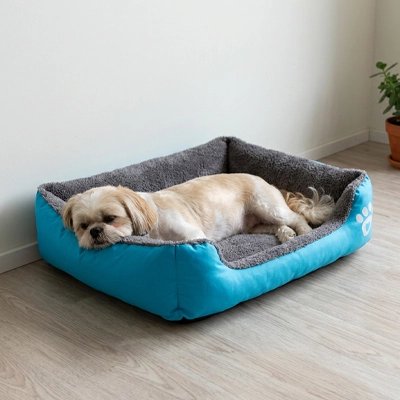 Panier chien bleu chien qui dort